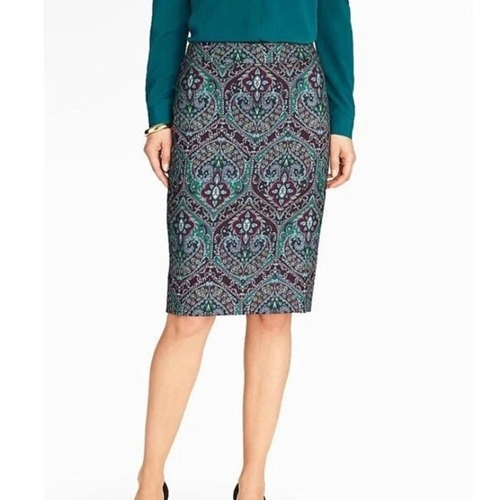 NEW Talbots Paisley Print Ponte Knit Lined Split Back Knee Length Pencil Skirt